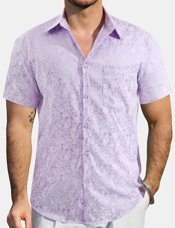 Men's Jacquard Satin Casual Short Sleeve Button-Down Shirts