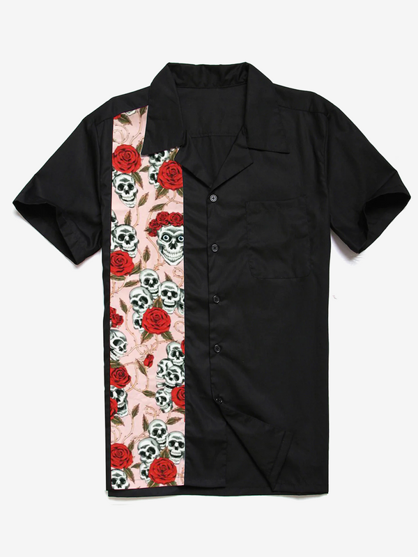 Men's Retro Casual Camp 50's Cotton Pocket Bowling Pink Rose Skull Short Sleeve Shirt
