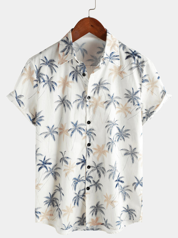 Men's 100% Hawaiian Palm Tree Cotton Beach Shirt With Short Sleeves And Buttons