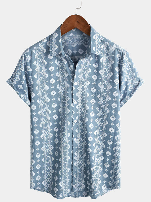 Men's Blue Short-Sleeved Cotton Shirt In Retro Style With Buttons, Striped, Vintage Style
