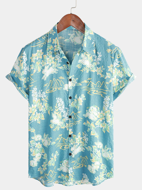 Men's Hawaiian Shirt With Tropical Floral Print, Short Sleeve, Beach Summer Button Down