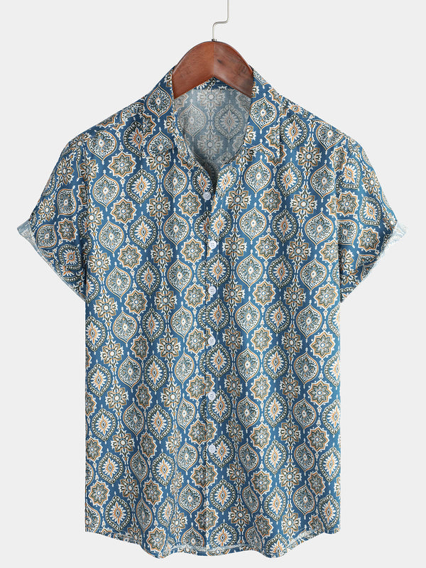 Men's Vintage Holiday Cotton Summer Floral Button Up Blue Short Sleeve Shirt
