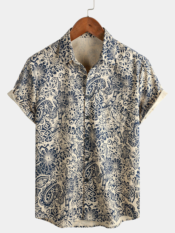 Men's Retro Floral Pocket Short Sleeve 70S Paisley Print Vintage Button Down Shirt