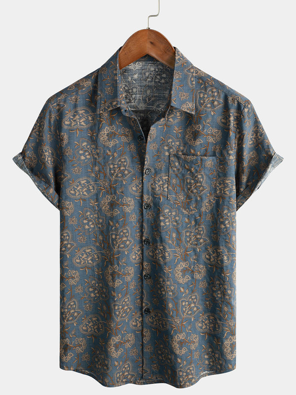 Men's Paisley Vintage Floral 70S Retro Short Sleeve Button Down Beach Shirt