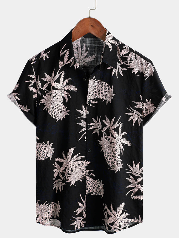 Men's Black Pineapple Print Cotton Shirt, Hawaiian Beach Shirt With Buttons And Short Sleeves