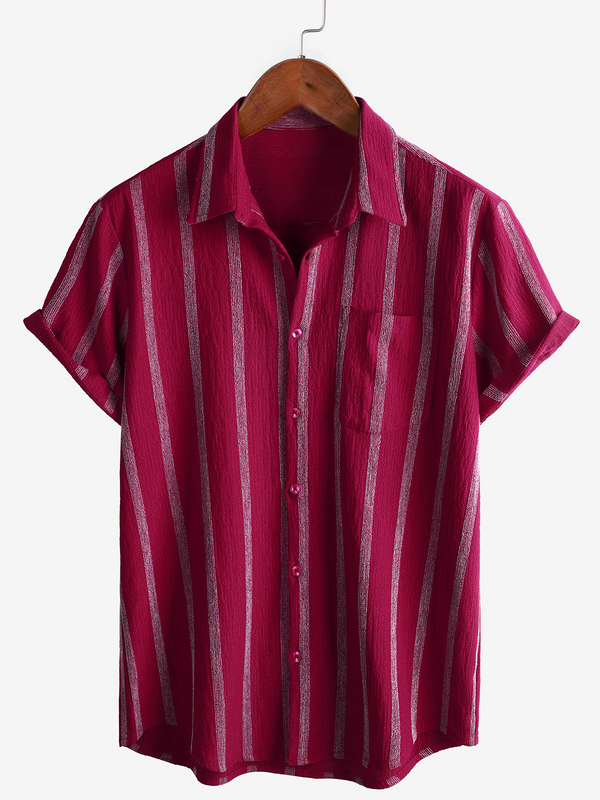 Men's Summer Hawaiian Shirt Striped With Pockets And Buttons Short Sleeve Vintage Beach