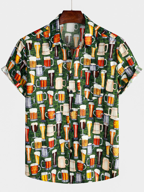 Men's Casual Beer Vintage Button-Down Short Sleeve Shirt For Vacation