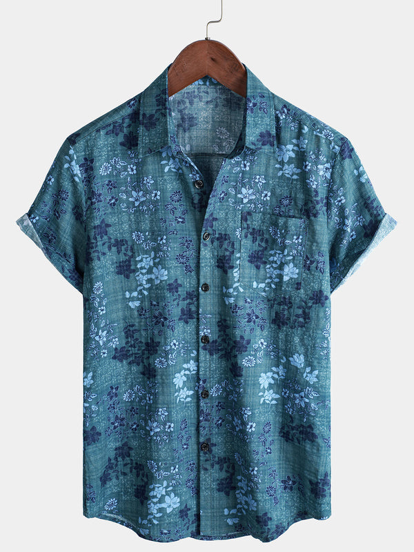 Men's Blue Floral Holiday Casual Retro Shirt With Pockets And Short Sleeves