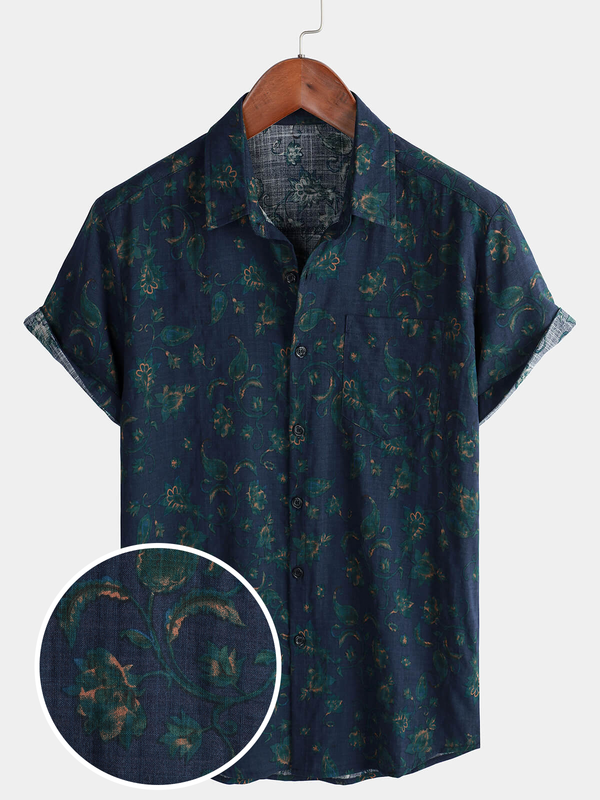 Men's Blue Floral Short Sleeve Button Down Holiday Casual Shirt