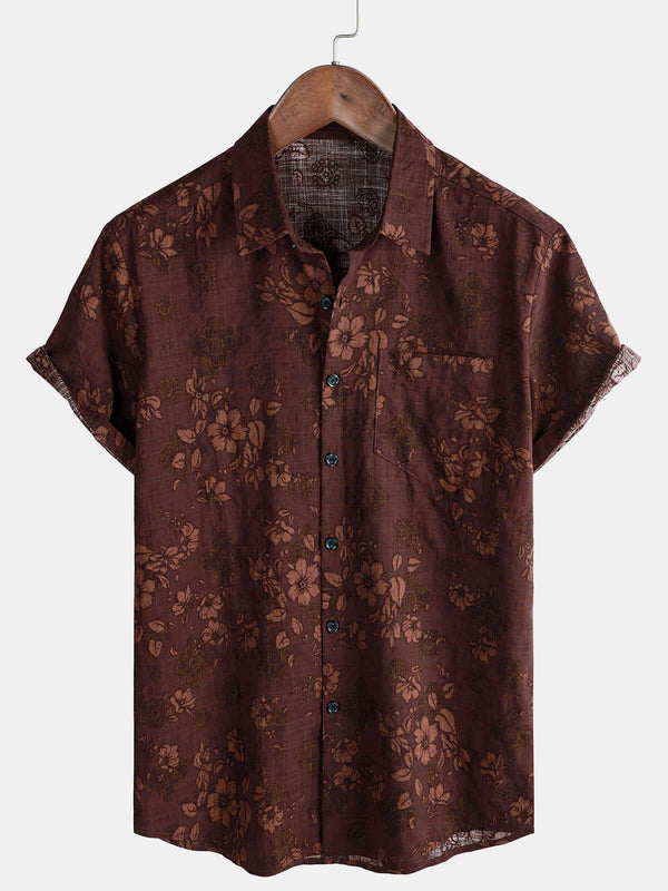 Men's Floral Print Holiday Casual Summer Red Short Sleeve Button Down Shirt