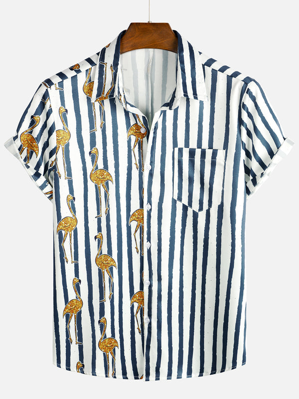 Men's Hawaiian Shirt With Tropical Flamingos, Navy Blue, Striped, Pockets, Short Sleeve