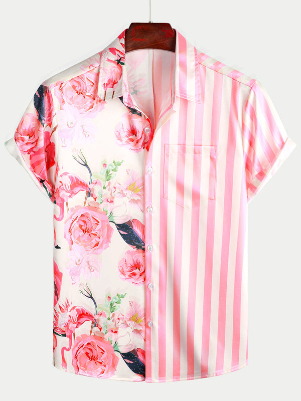 Men's Hawaiian Shirt With Tropical Flamingo Pink Stripe Print, Short Sleeve And Pocket