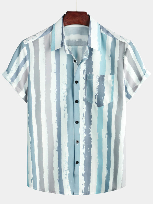 Men's Gray Striped Casual Holiday Short Sleeve Shirt With Pockets And Faux Buttons