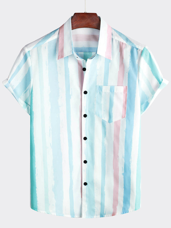 Blue And Pink Striped Summer Short Sleeve Shirt For Men