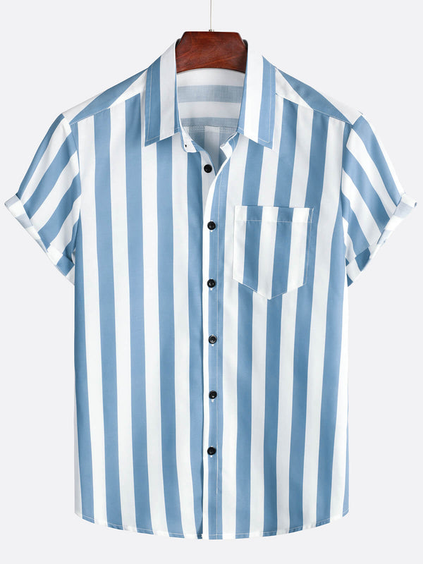 Men's Blue And White Striped Casual Summer Button-Down Shirt With Short Sleeves