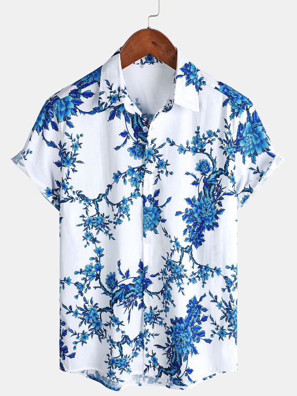 Men's Short-Sleeved Shirt Made Of Blue Blossom Holiday Cotton