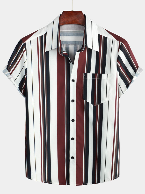 Men's Vintage Style Striped Button-Down Shirt With Short Summer Sleeves