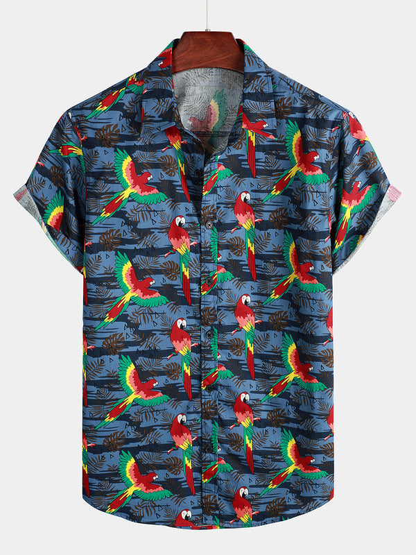 Men's Parrot Print Short Sleeve Beach Shirt