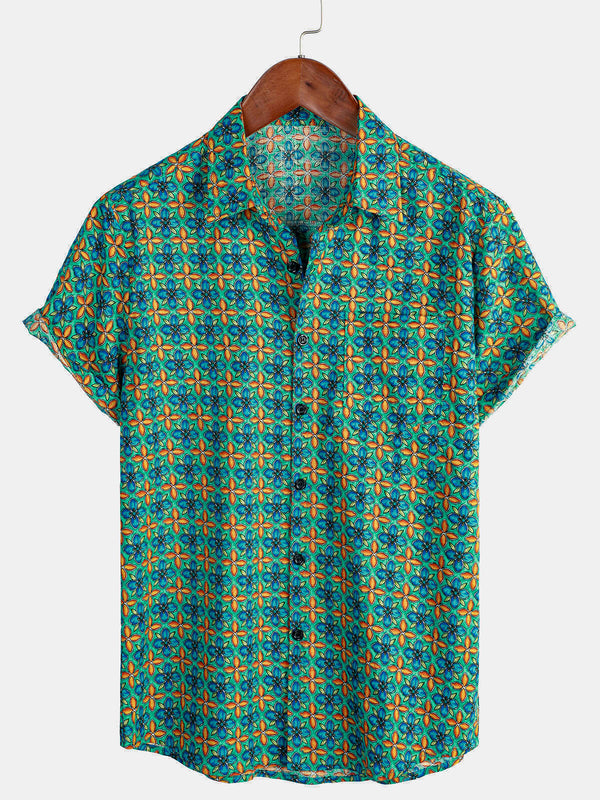 Men's Floral Print Vintage Style Short Sleeve Casual Cotton Button Down Shirt