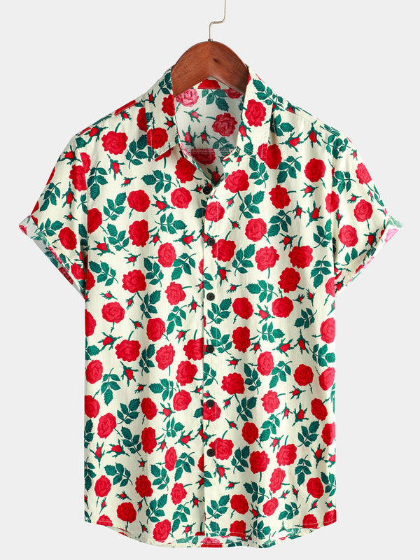 Men's Cotton Rose Pattern Shirt, Breathable, Beach And Summer, With Buttons, Beige, Short Sleeves