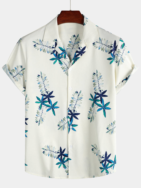 Men's Tropical Floral Print Summer Beach Camp Button Down Shirt Beige Short Sleeve