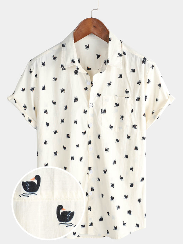 Men's Casual Short Sleeve Button Pocket Swan Cotton Hawaiian Shirt