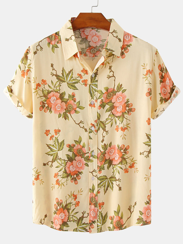 Men's Casual Button Down Shirt Holiday 70S Retro Floral Print Casual Short Sleeve