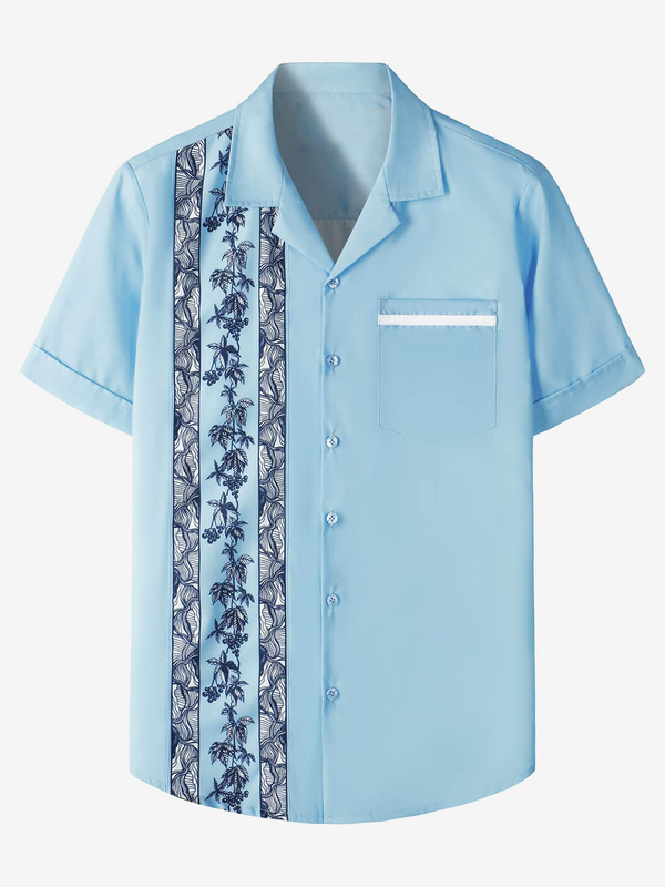 Men's Floral Print 50S Rockabilly Style Retro Bowling Summer Beach Light Blue Short Sleeve Shirt