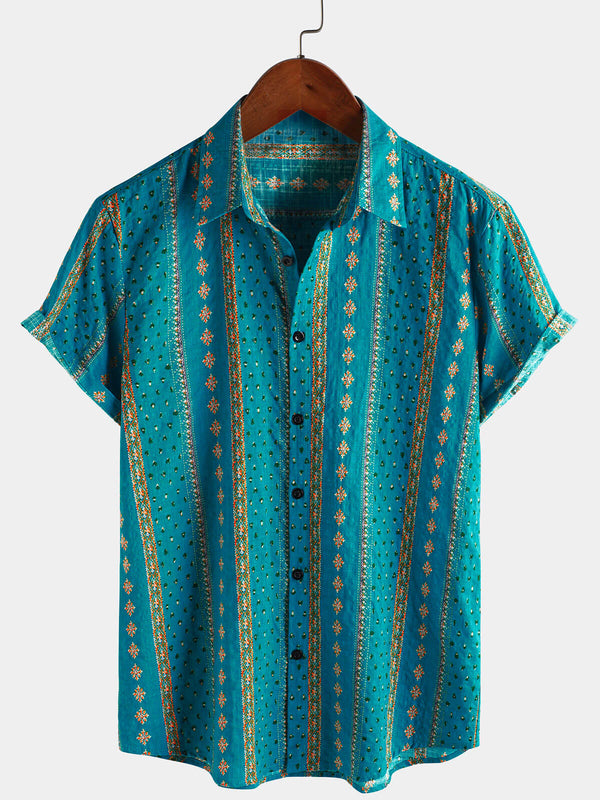 Men's Short-Sleeved Shirt With Retro Stripe Print And 70S-Style Buttons