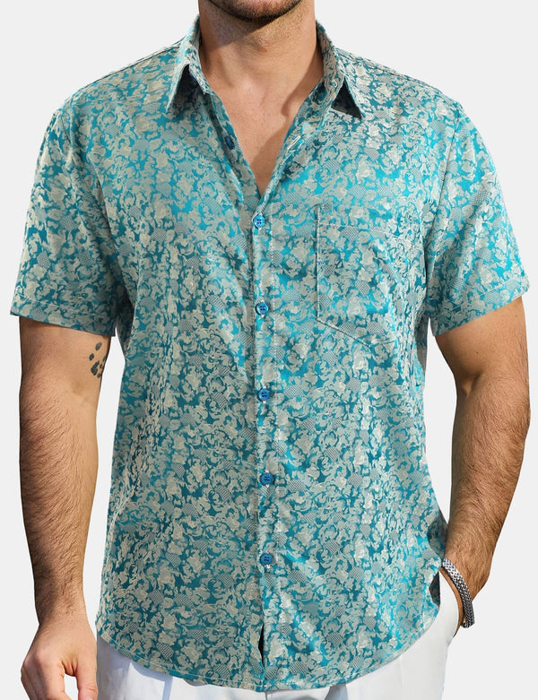 Men's Summer Jacquard Satin Casual Short Sleeve Button Down Shirts