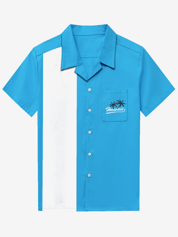 Men's 50S Vintage Camp Cotton Pocket Bowling Hawaii Coconut Tree Blue Short Sleeve Shirt