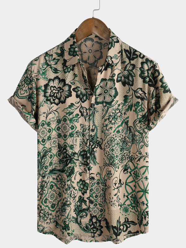 Men's Vintage Style Breathable Hawaiian Button Down Floral Print Short Sleeve Shirt