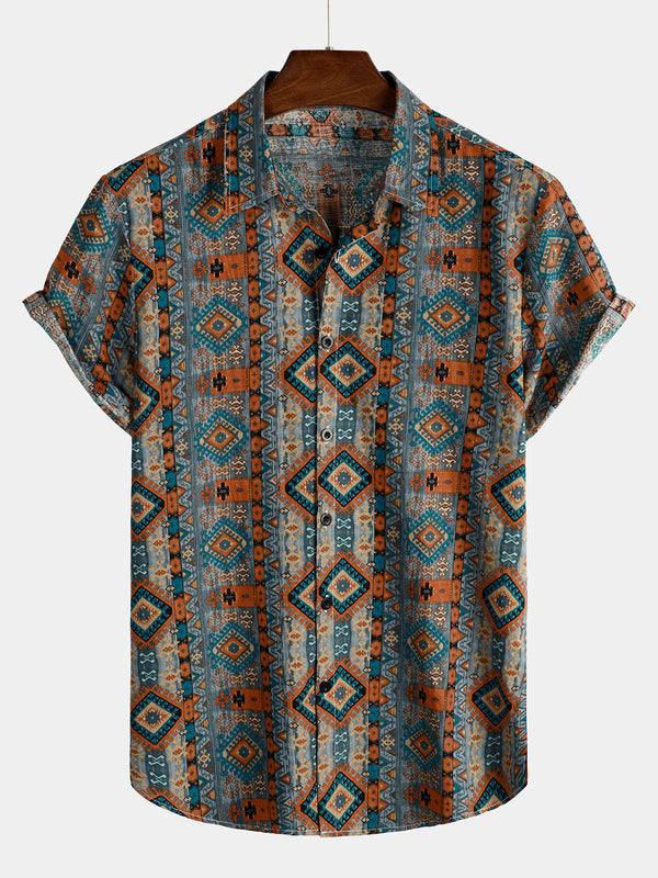 Men's Casual Vintage Short-Sleeved Shirt In 70S Retro Patchwork Style With Button Placket And Lapel