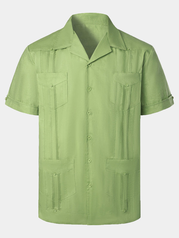Men's Cuban Guayabera Summer Camp Casual Button-Down Linen Short Sleeve Shirt With Pockets