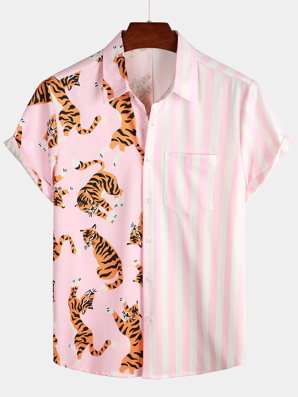 Men's Tiger And Striped Patchwork Shirt With Holiday Pocket