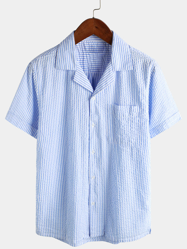 Men's Striped Blue Short-Sleeved Cotton Camp Beach Shirt With Button Placket And Cuban Collar