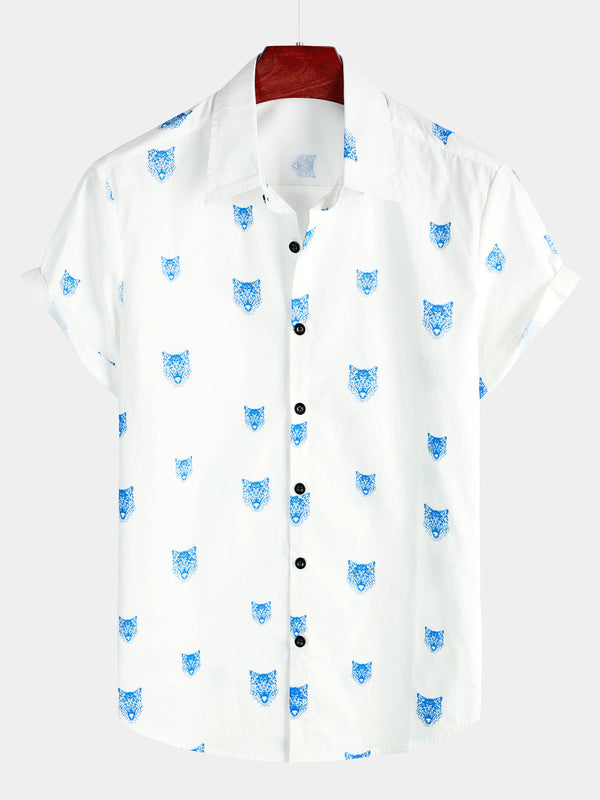 Men's Wolf Animal Print Button-Down Shirt, Casual Lapel, White Short Sleeve Shirt