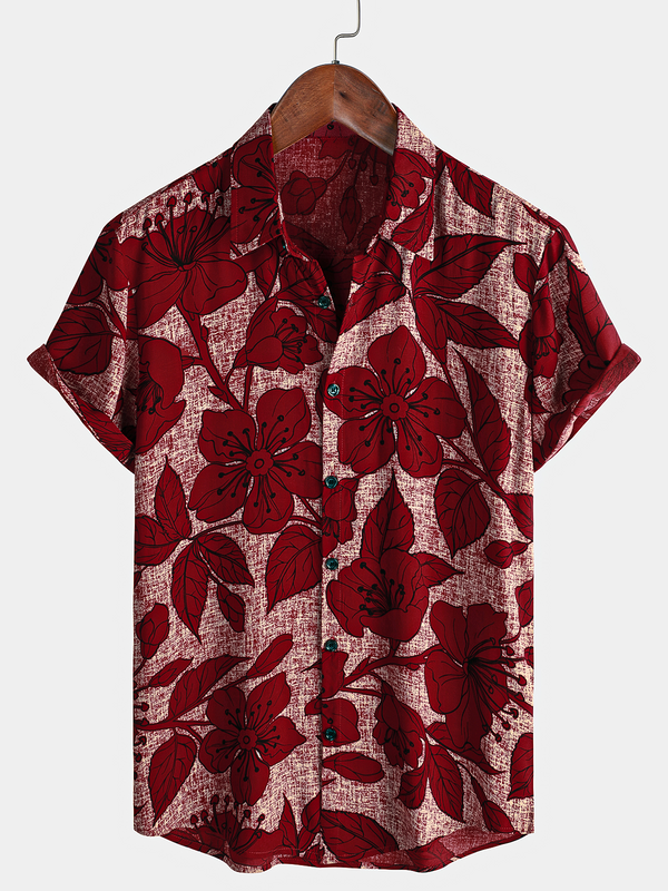 Men's Vintage Tropical Floral Resort Beach Breathable Summer Short Sleeve Button Down Shirt