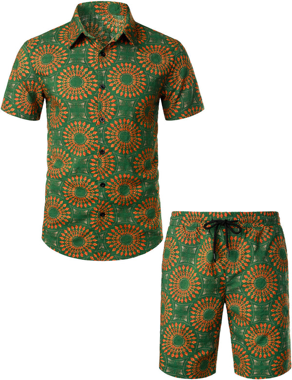 Men's Set Of Casual Boho Shirt And Shorts In Vintage 70S Style In Green