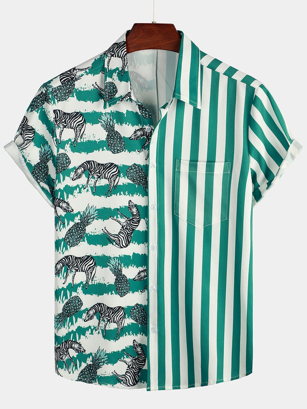 Men's Casual Short Sleeve Animal Print Striped Patchwork Pocket Shirt