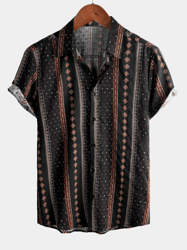 Men's Retro Style Black Striped Button-Up Western Shirt, 70S Vintage Short Sleeve