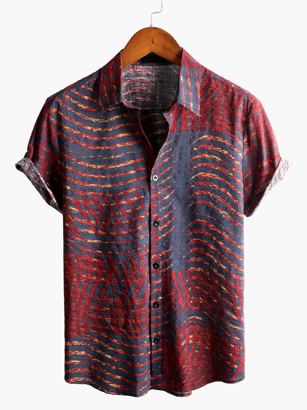 Men's Short-Sleeved Striped Printed Retro Shirt