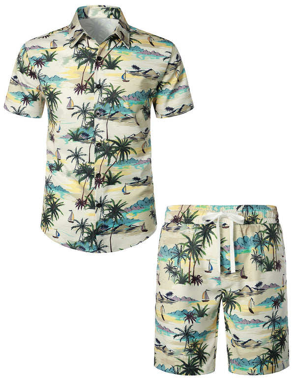 Men's Set Of Palm Tree Beige Island Summer Casual Hawaiian Shirt And Shorts