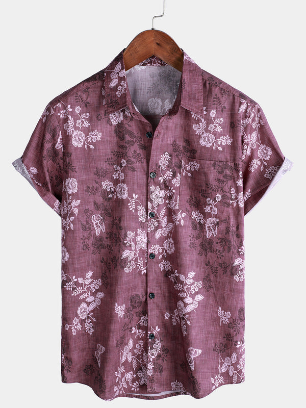 Men's Short Sleeve Hawaiian Button Down Shirt With Floral Print