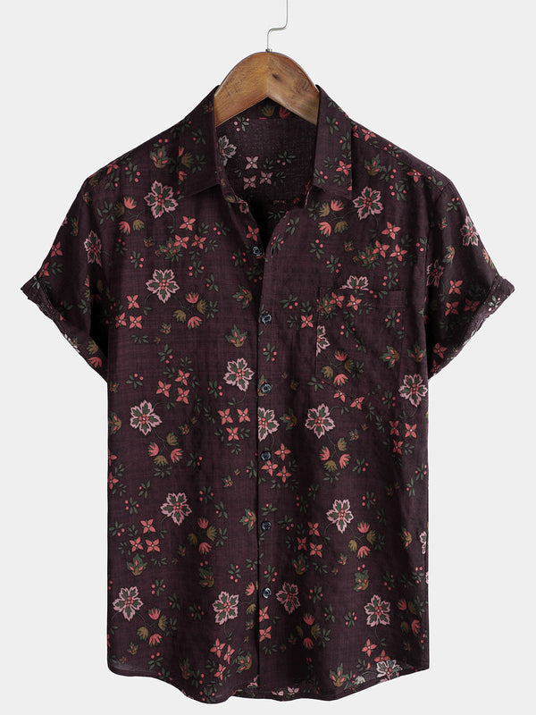 Men's Hawaiian Shirt With Floral Pattern, Vintage Style, Brown, Short Sleeve