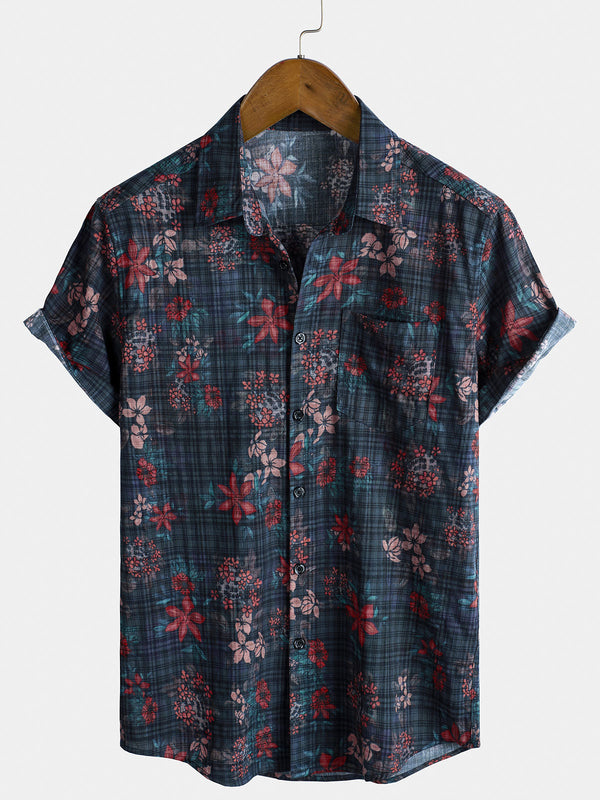 Men's Short-Sleeved Vintage Shirt With Tropical Floral Print For Vacation