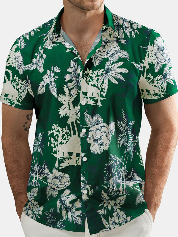 Men's Hawaiian Holiday Tropical Print Shirt, Green, Short Sleeve