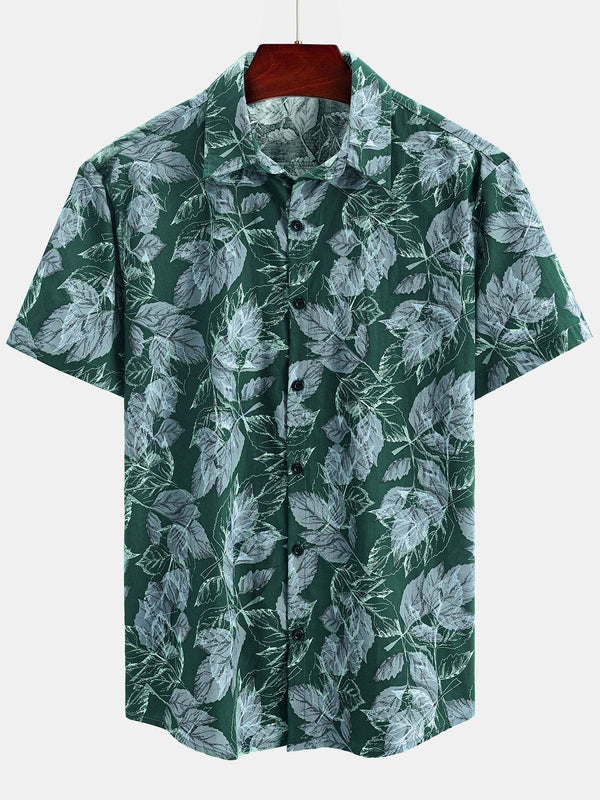 Men's Short-Sleeved Cotton Shirt With Tropical Print For Summer, Beach And Vacation
