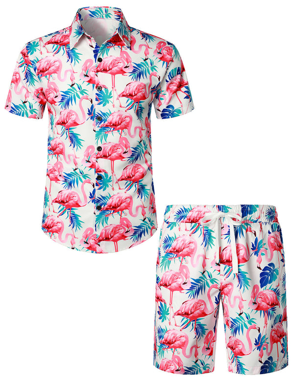 Men's Hawaiian Shirt And Shorts Set With Flamingo Print