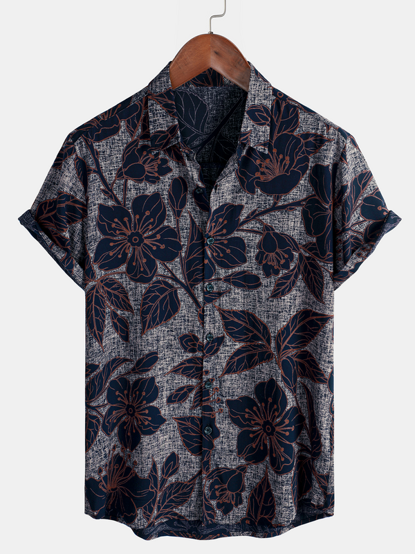 Men's Floral Print Holiday Casual Short Sleeve Summer Vintage Button Down Shirt